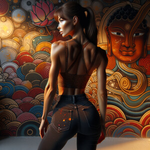 Athletic Thin skinny Attractive, Asian teenage girl, long brown hair and bangs, wearing tight skinny jeans and a halter top paint marks on her clothing, heroic pose Asian graffiti background, backside view