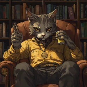 A humanoid cat character sitting in an armchair, with a bookshel...