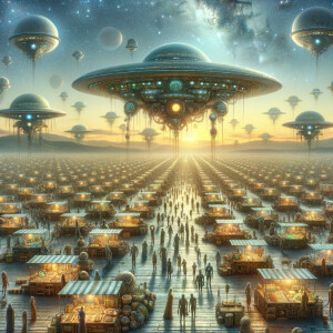 An alien marketplace on another planet, diverse extraterrestrial...