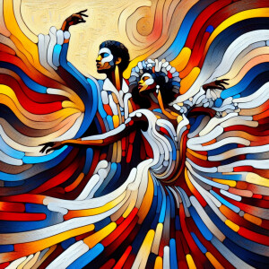 The image is an brushed canvas painting depicting two graceful f...