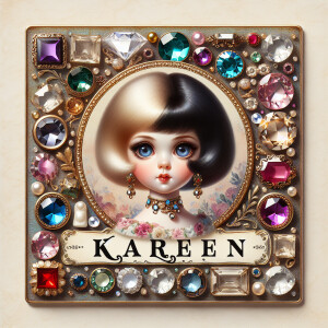 Design a square-shaped tag with the name 'Karen' in bold, elegan...