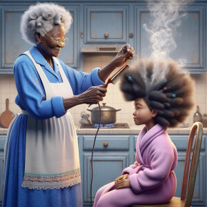 Create a realistic 3-D image of an african-American grandmother wearing a blue house dress and a white apron . She is in the kitchen with her african-American granddaughter. Her granddaughter is wearing a pink bath robe. The grandmother has a hot comb in her hand and she is straightening her granddaughters hair. One side of her granddaughters hair is in  a Afro the other straight 
There is smoke coming from the hot comb
The granddaughter is making a face