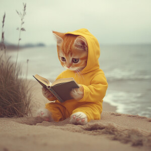Orange kitten wearing a yellow jump suit is reading a book on th...