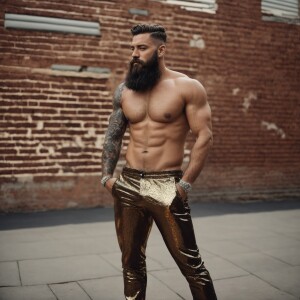 A bearded, muscular man confidently stands with his hands in his...