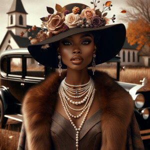 Create an image of a sophisticated woman with dark skin, wearing...
