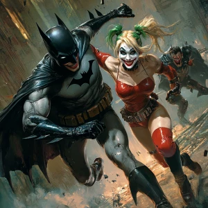 Generate a full-body illustration featuring Harley Quinn in her...