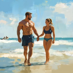 An American man, muscular and sweaty from exercise, strolls alon...