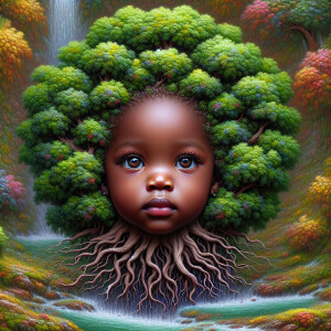 Create a hyper-realistic 3-D oil painting of a tree with a fulle...
