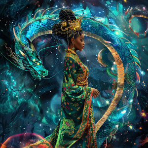 Create a full-body illustration of an Empress embodying a blend...