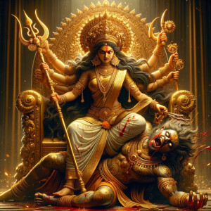 portrait of angry looking goddess durga sitting on a gold crown and carrying a weak mahishasur on her lap and stabbing him with her amazingly designed trident. She is wearing gold armor, a huge gold crown, gold saree, abundant  gold jewelry, covered in blood. The scene is set in ancient India. The image is 8K resolution, cinematic, ultra detailed face and epic.