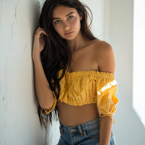 Capture the elegance of a fair-skinned woman with dark long hair...