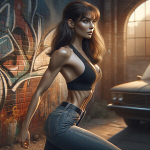 Athletic Thin skinny Attractive, Asian teenage girl, long brown hair and bangs, wearing tight skinny jeans and a halter top paint marks on her clothing, heroic pose Asian graffiti background, side view