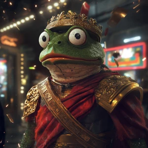 Pepe the Frog dressed as an ancient Roman emperor, wearing a gol...
