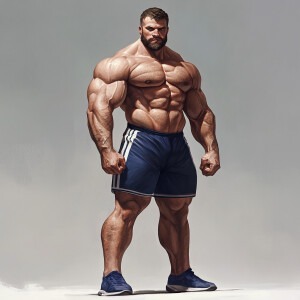 The image depicts a very muscular man with a well-defined and ch...