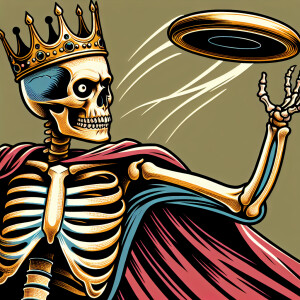 Illustrate a skeleton adorned with a regal gold crown engaged in...