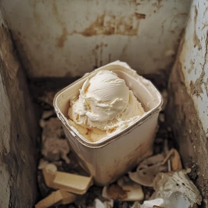 A discarded tub of vanilla ice cream rests forlornly in a sizabl...