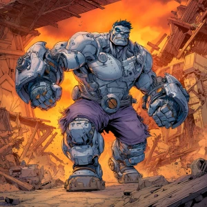 Depict a large, muscular humanoid character in a dynamic pose, c...