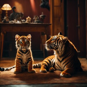Baby tiger and baby cat playing realistic