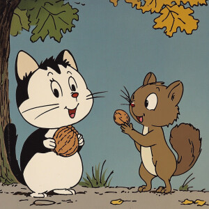 The cat talks to the squirrel who is holding a nut in his hand -...