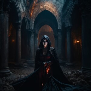 A sinister female grim reaper clown, with grotesque makeup and t...