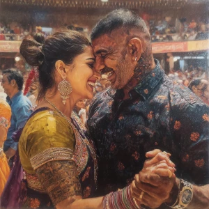 Hyperrealism oil painting,16:9.big guajarat stadium with people...