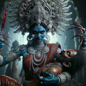 portrait of angry looking, gorgeous goddess kali, blue skinned carrying a weak mahishasur in her two arms and stabbing him with her amazingly long red fingernails. She is wearing a huge silver crown, red saree, abundant silver jewelry, covered in blood. The scene is set in ancient India. The image is 8K resolution, cinematic, ultra detailed face and epic.