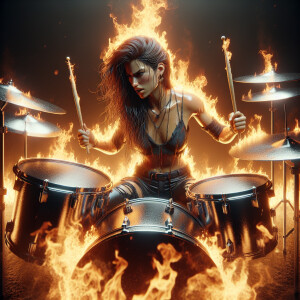 A dynamic 3D render of a fierce drummer, sweat-drenched and inte...