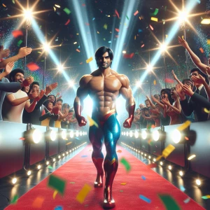 Create an image of a superhero walking on the red carpet surroun...