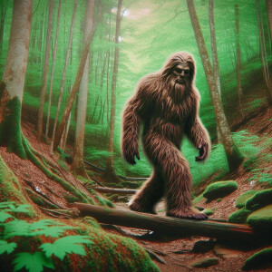 Create an image of a humanoid Sasquatch, densely furred, walking...