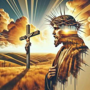 A double exposure image depicting Jesus adorned with a crown of...