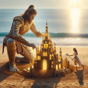 A massive   sized sandcastle with a lady giant dressed in elegan...