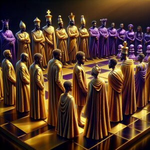 3-D realistic oil, painting, Oh a gold, and purple human chessbo...