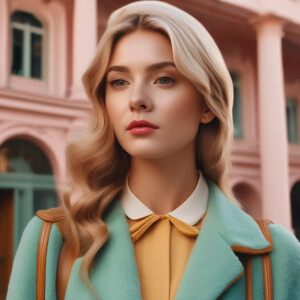 create a wes anderson style of beautiful girl portrait