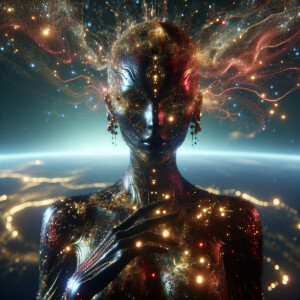 An alien queen with shimmering skin in hues of gold, black, and...