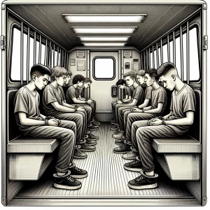 Teenage Caucasian male inmates, aged 13-16, with handcuffs hidde...