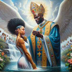 An oil painting depicting a large African-American angel with wi...