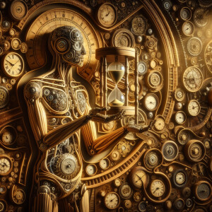 industrial style, in the middle a merged fusion of a humanoid-cl...