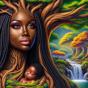 Create a close-up, hyper-realistic 3-D oil painting of a tree wi...