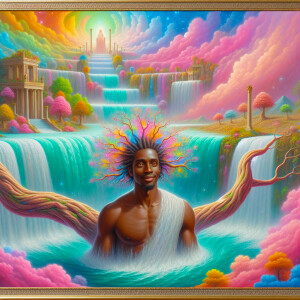 A hyper-realistic 3-Dh oil painting colorful waterfall out of th...