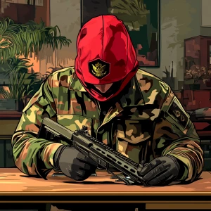 Create an image of a character dressed in a camouflage military...