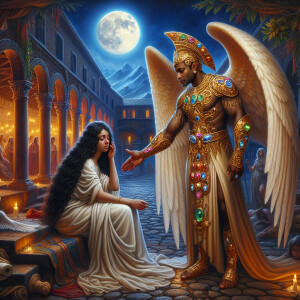 Create an oil painting image featuring a male angel and a grievi...
