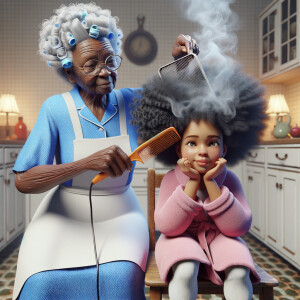 Create a realistic 3-D image of an african-American grandmother wearing a blue house dress and a white apron . She is in the kitchen with her african-American granddaughter. Her granddaughter is wearing a pink bath robe. The grandmother has a hot comb in her hand and she is straightening her granddaughters hair. One side of her granddaughters hair is in  a Afro the other straight 
There is smoke coming from the hot comb
The granddaughter is making a face