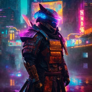 In a grungy vintage-chic virtual realm, a cyberpunk samurai warr...