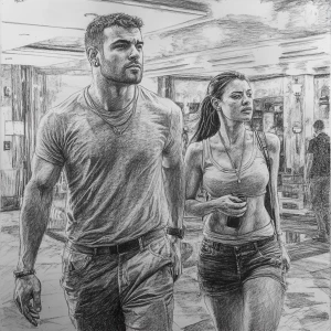 Pencil art .A sweaty  man walking with his 54 year old mother in...
