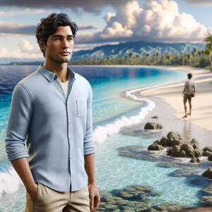 Create a 3D rendering of a young Filipino man, inspired by gospe...