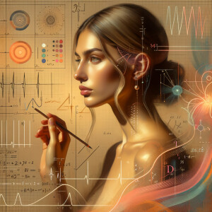 Abstract, minimalist, painting, with pencil line, paint stroke, gestures, colorful marks, mathematical equations, electrical cardiogram, printouts complex math formulas, dna asian teen girl