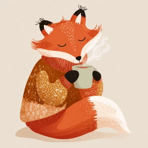 Sleepy fox sipping tea with closed eyes, cozy cartoon vector sty...
