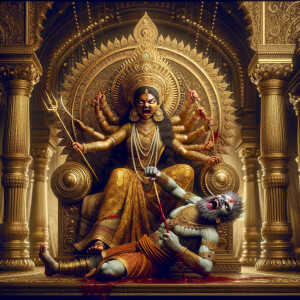 portrait of angry looking goddess durga sitting on a gold crown and carrying a weak mahishasur on her lap and poking him with her amazingly long red fingernails. She is wearing gold armor, a huge gold crown, gold saree, abundant  gold jewelry, covered in blood. The scene is set in ancient India. The image is 8K resolution, cinematic, photography, ultra detailed face and epic.