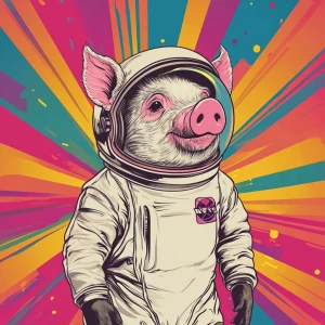 Cute cartoon pig in vintage white spacesuit and NASA style helme...
