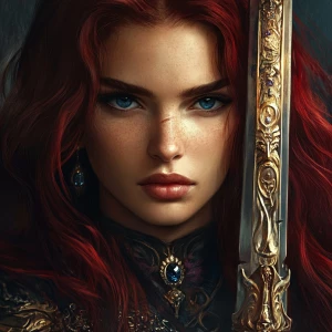 Create a realistic image of a warrior with dark red hair reaching just below the shoulders, piercing blue eyes, and a round face. The warrior should be holding a sword adorned with jewels, capturing only the bust for a detailed close-up.